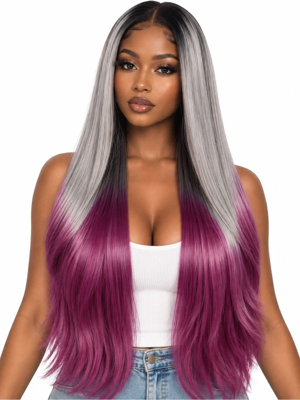 Long Straight Lace Front Wig in Gray to Purple Ombre middle part 26 inches long